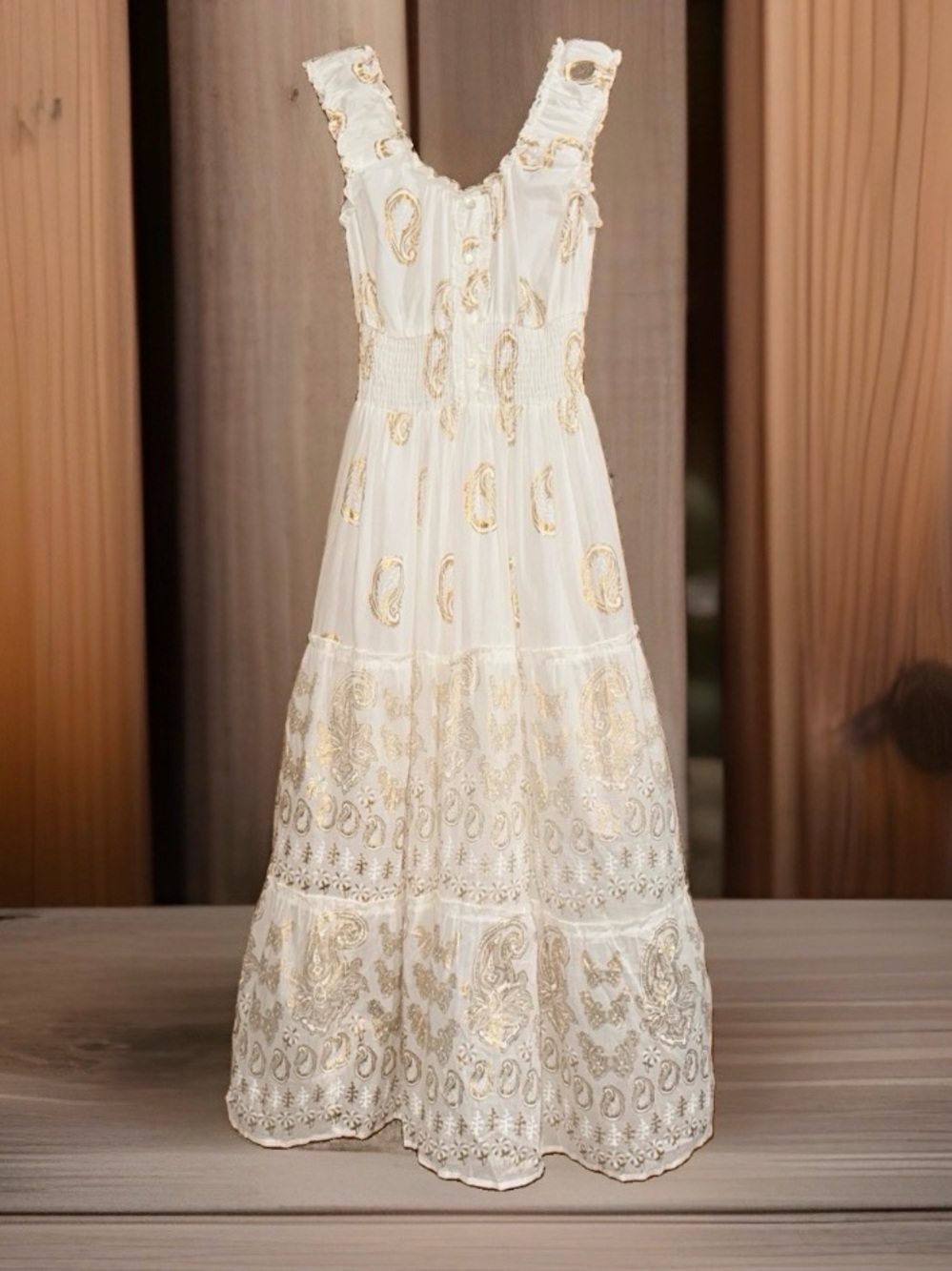 NWT Me 2 Magic White and Gold Print Maxi Dress-Sleeveless Tiered Summer Dress-S